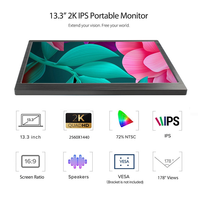 MQ133 13.3 Inch 2K IPS Monitor 2560x1440 HD Display Dual Mini HDMI-compatible Port for Laptop PC PS4 WiiU Xbox Raspberry Pi 4B/3B+/3B